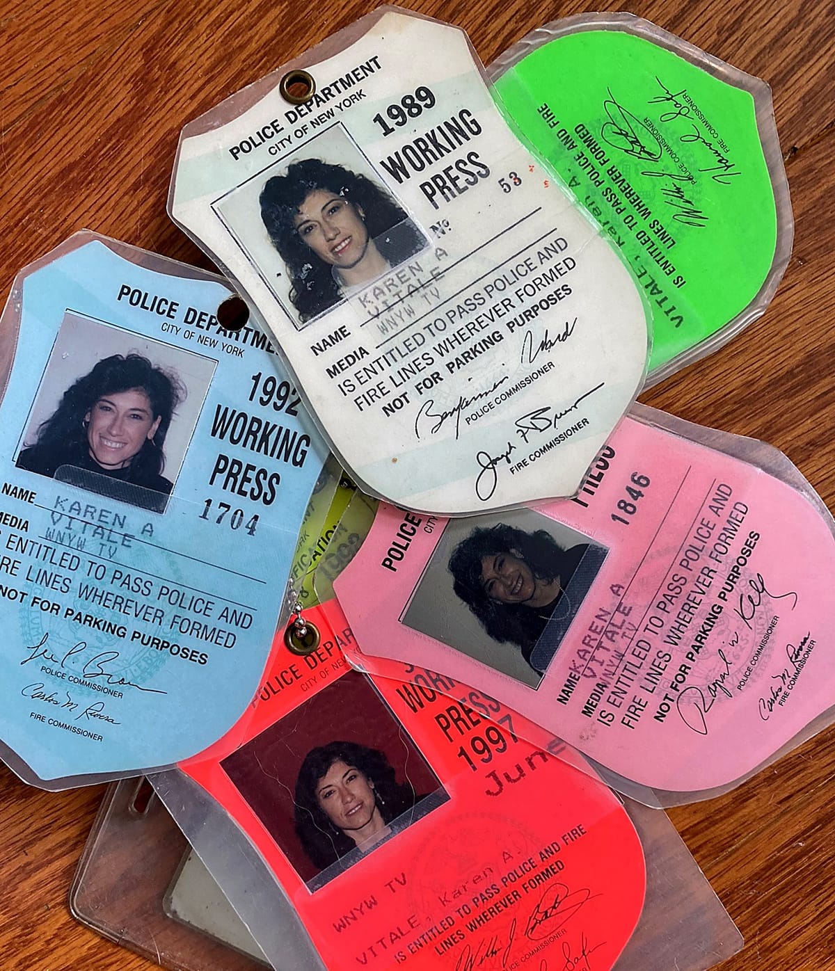 Karen Vitale's NYPD and FDNY Working Press credentials from her television career at WNYW, 1989 to 1997.